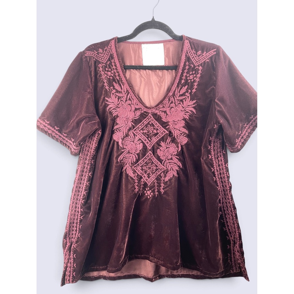 Kyla Seo Burgundy Velvet Embroidered Isla Tunic Dress Size S Boho Romantic Retro